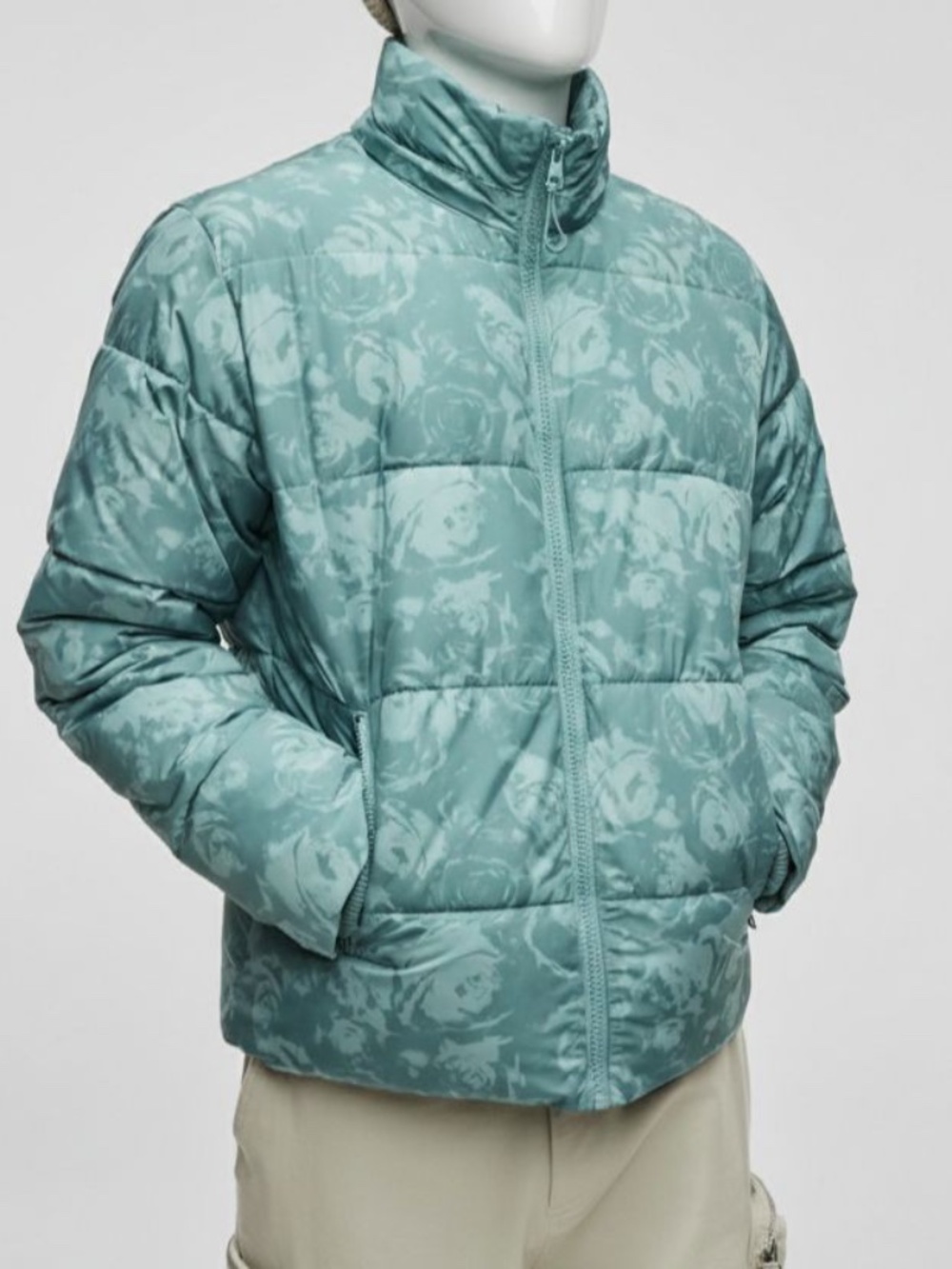Mode Of One Men Green Floral Removable Hood Zip Winter Puffer Jacket Size XL